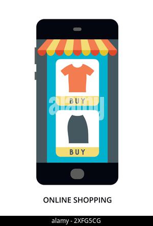 Online Shopping concept on black smartphone with different user interface elements, flat vector illustration Stock Vector