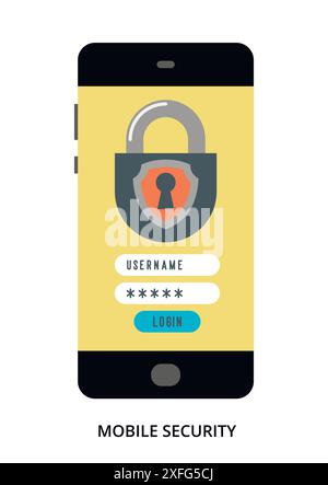 Mobile Security concept on black smartphone with different user interface elements, flat vector illustration Stock Vector