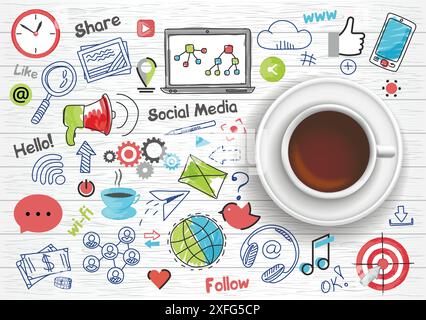 Hand drawn design vector illustration, coffee cup with set of social media and social networking concept icons in doodle style, for graphic and web de Stock Vector
