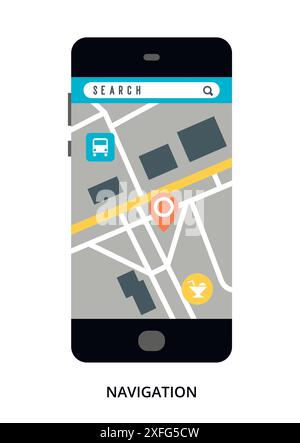 Navigation concept on black smartphone with different user interface elements, flat vector illustration Stock Vector