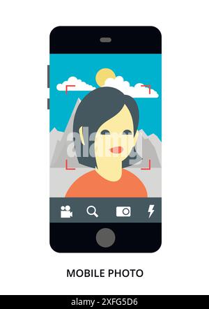 Mobile Photo concept on black smartphone with different user interface elements, flat vector illustration Stock Vector