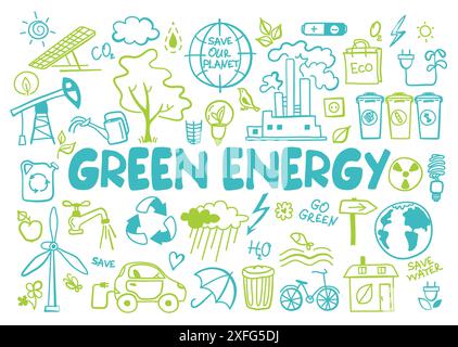 Hand drawn design vector illustration, set green energy icons in doodle style, for graphic and web design Stock Vector
