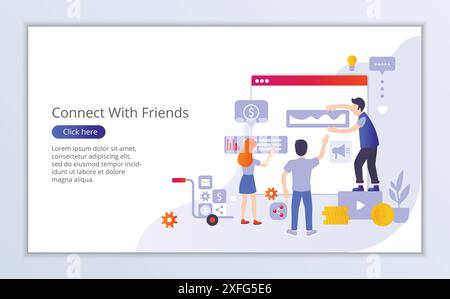 Website template of connect with friends, flat design vector illustration, for graphic and web design Stock Vector