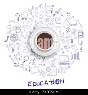 Hand drawn design vector illustration, coffee cup with set of education icons in doodle style, for graphic and web design Stock Vector