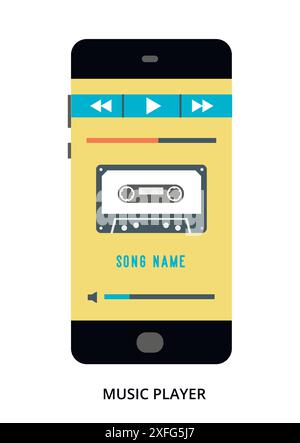 Music Player concept on black smartphone with different user interface elements, flat vector illustration Stock Vector