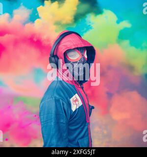 HARROGATE, UK - JUNE 22, 2024.  Close up of a male cosplayer wearing a Spiderman costume from the Miles Morales Multiverse series with colourful backg Stock Photo