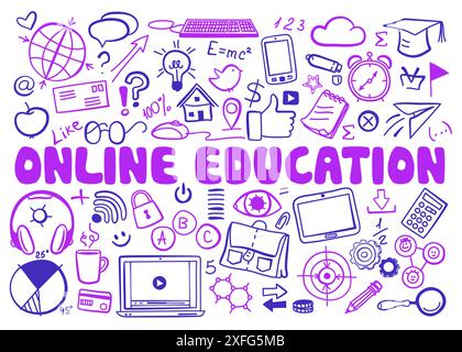 Hand drawn design vector illustration, set of online education icons in doodle style, for graphic and web design Stock Vector