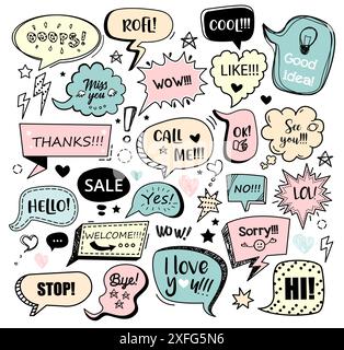 Set of color speech bubbles with different words in doodle style for communication in social media. Isolated vector illustration. Stock Vector