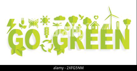 Ecology concept with Go Green words in the center for graphic and web design, paper cut style vector illustration Stock Vector