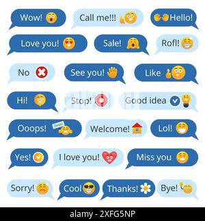 Set of speech bubbles with different words and smileys for communication in social media. Isolated vector illustration. Stock Vector