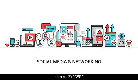 Modern flat line design vector illustration, concept of social media and social networking, for graphic and web design Stock Vector