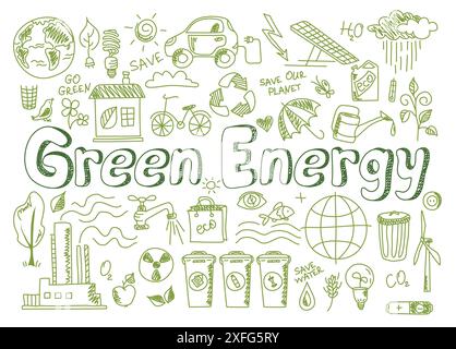 Hand drawn design vector illustration, set green energy icons in doodle style, for graphic and web design Stock Vector