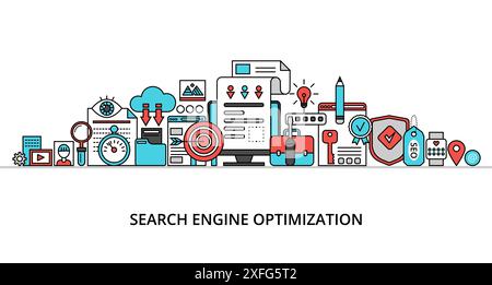 Modern flat thin line design vector illustration, concept of search engine optimization, for graphic and web design Stock Vector