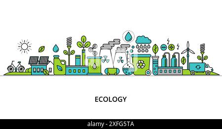 Concept of ecology problem with word and generation and saving green energy for graphic and web design, flat line vector illustration Stock Vector