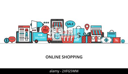 Modern flat thin line design vector illustration, concept of online shopping, internet sales with retail and commerce elements for graphic and web des Stock Vector