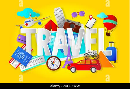 Travel concept with word, paper cut style vector illustration Stock Vector