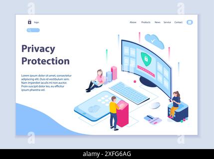 Creative website template of privacy protection concept, 3D isometric design vector illustration Stock Vector