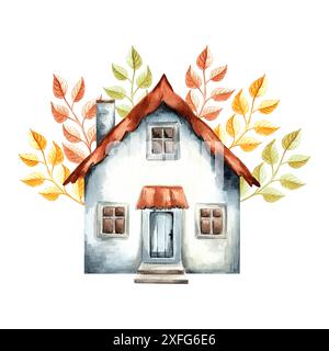 Village house. Autumn garden Cozy country home. Hand drawn watercolor illustration isolated. Provence style building facade. Forest hut in vintage Stock Photo