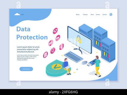 Creative website template of data protection concept, 3D isometric design vector illustration Stock Vector