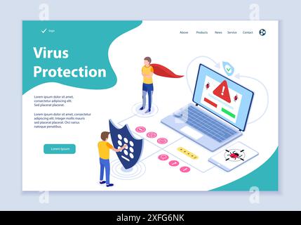 Creative website template of virus protection concept, 3D isometric design vector illustration Stock Vector