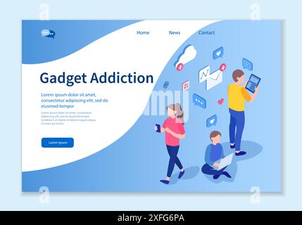 Creative website template of Gadget Addiction concept, 3D isometric design vector illustration Stock Vector