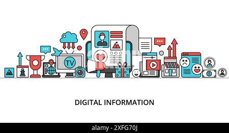 Concept for digital information, flat editable line design vector illustration Stock Vector