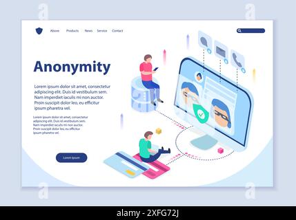 Creative website template of anonymity concept, 3D isometric design vector illustration Stock Vector