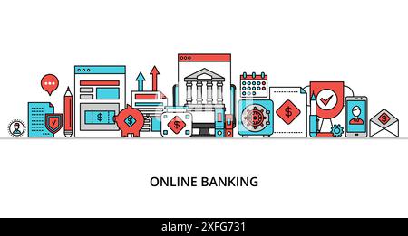 Concept of online banking, modern flat thin line design vector illustration, for graphic and web design Stock Vector