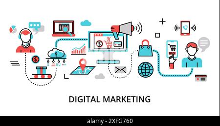 Modern flat thin line design vector illustration, concept of digital marketing, internet marketing idea and new market trends analysis for graphic and Stock Vector