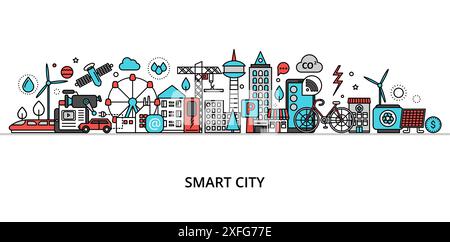 Concept of smart city, technologies of future and urban innovations, modern flat line design, for graphic and web design Stock Vector