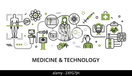 Concept of medicine and technology, flat thin line design vector illustration, for graphic and web design Stock Vector