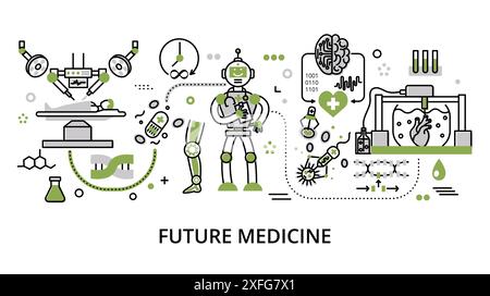 Concept of future medicine, flat thin line design vector illustration, for graphic and web design Stock Vector