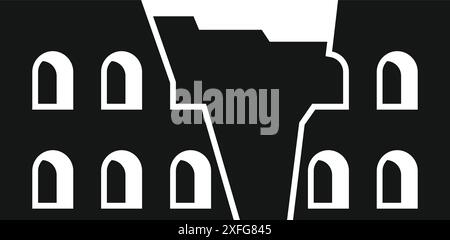 Simple black and white icon of ancient building ruins standing with broken walls Stock Vector