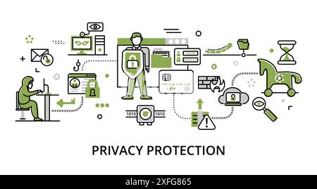 Concept of privacy protection, modern flat thin line design vector illustration, for graphic and web design Stock Vector
