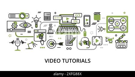 Concept of Video Tutorials, modern flat line design vector illustration, for graphic and web design Stock Vector