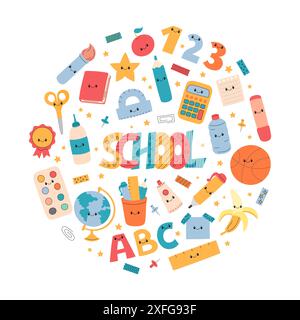 School supplies round design set. Vector circle shaped illustration of funny educational characters pen, book, ruler, letters, numbers. Cute school Stock Vector