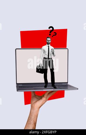 Vertical photo collage of serious unsure man stand laptop keyboard hold coffee cup briefcase freelance worker isolated on painted background Stock Photo