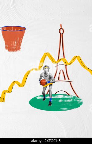 Composite collage image of young man play basketball france olympic games sport event concept billboard comics zine minimal Stock Photo