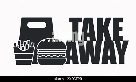 Vector Isolated Illustration of Burger and Fries and a take away bag. Black and White Burger and Fries take away icon Stock Vector