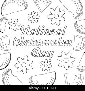 Celebrate National Watermelon Day with this fun and engaging coloring page. Perfect for kids and adults to enjoy creative summer activities. Stock Vector