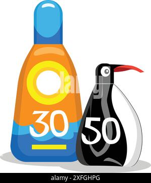 Sunscreen bottles showing a sun protection factor of 30 and 50, for protecting skin from harmful uv sun rays Stock Vector
