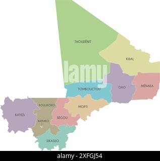 Vector map of Mali with regions, capital district and administrative divisions. Editable and clearly labeled layers. Stock Vector