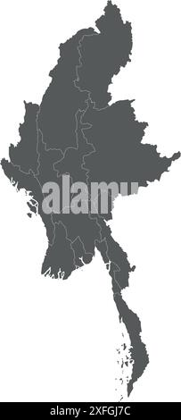 Vector blank map of Myanmar with regions, states and administrative divisions. Editable and clearly labeled layers. Stock Vector