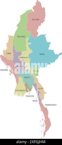 Vector map of Myanmar with regions, states and administrative divisions. Editable and clearly labeled layers. Stock Vector