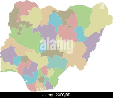 Vector regional blank map of Nigeria with states and administrative divisions. Editable and clearly labeled layers. Stock Vector