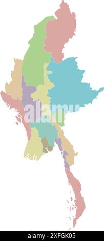 Vector blank map of Myanmar with regions, states and administrative divisions. Editable and clearly labeled layers. Stock Vector