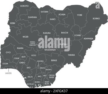 Vector regional map of Nigeria with states and administrative divisions. Editable and clearly labeled layers. Stock Vector