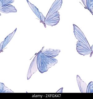 Blue butterflies watercolor, seamless pattern. Hand drawn vector illustration of moths. For cards, invitations, wrapping paper, textiles, covers, fabr Stock Vector