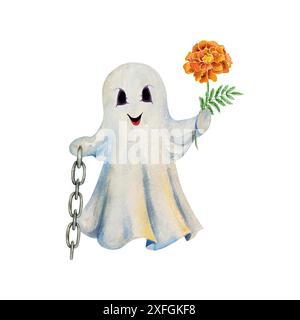 Ghost in a sheet, marigold flower and chain, watercolor. Hand drawn vector illustration. For Halloween greeting cards, invitations, large holiday bann Stock Vector
