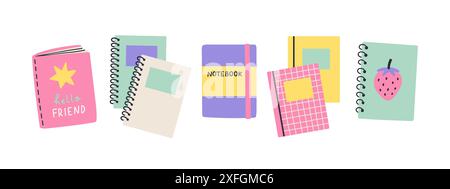 Paper notebooks, diaries set. Planners, organizers and scrapbooks for plans, notes. Flat vector illustrations i Stock Vector